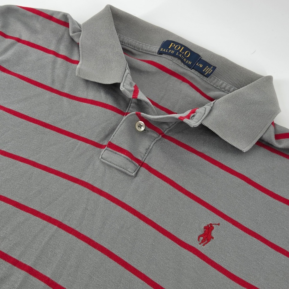 Polo Ralph Lauren Polo Shirt Mens Large Grey Red Striped Short Sleeve Pony Logo